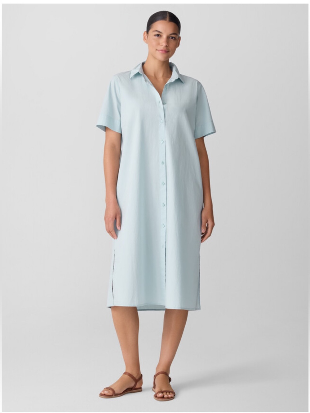 Eileen Fisher Light Blue Button-Front Midi Shirt Dress